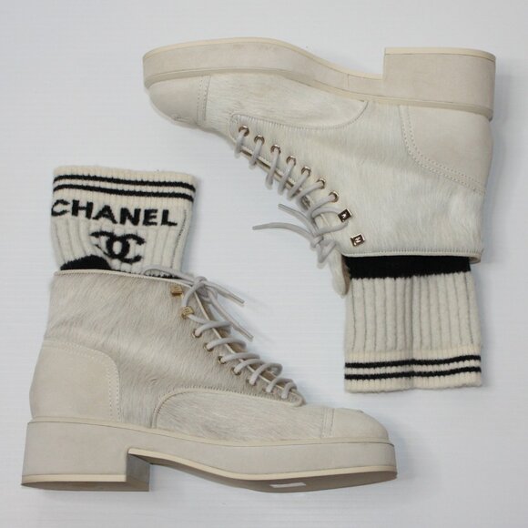 Chanel 45mm 2 Tone Parade Lace Up Boots Pony Hair in size EU 40 / US 10 NEW - Picture 1 of 15